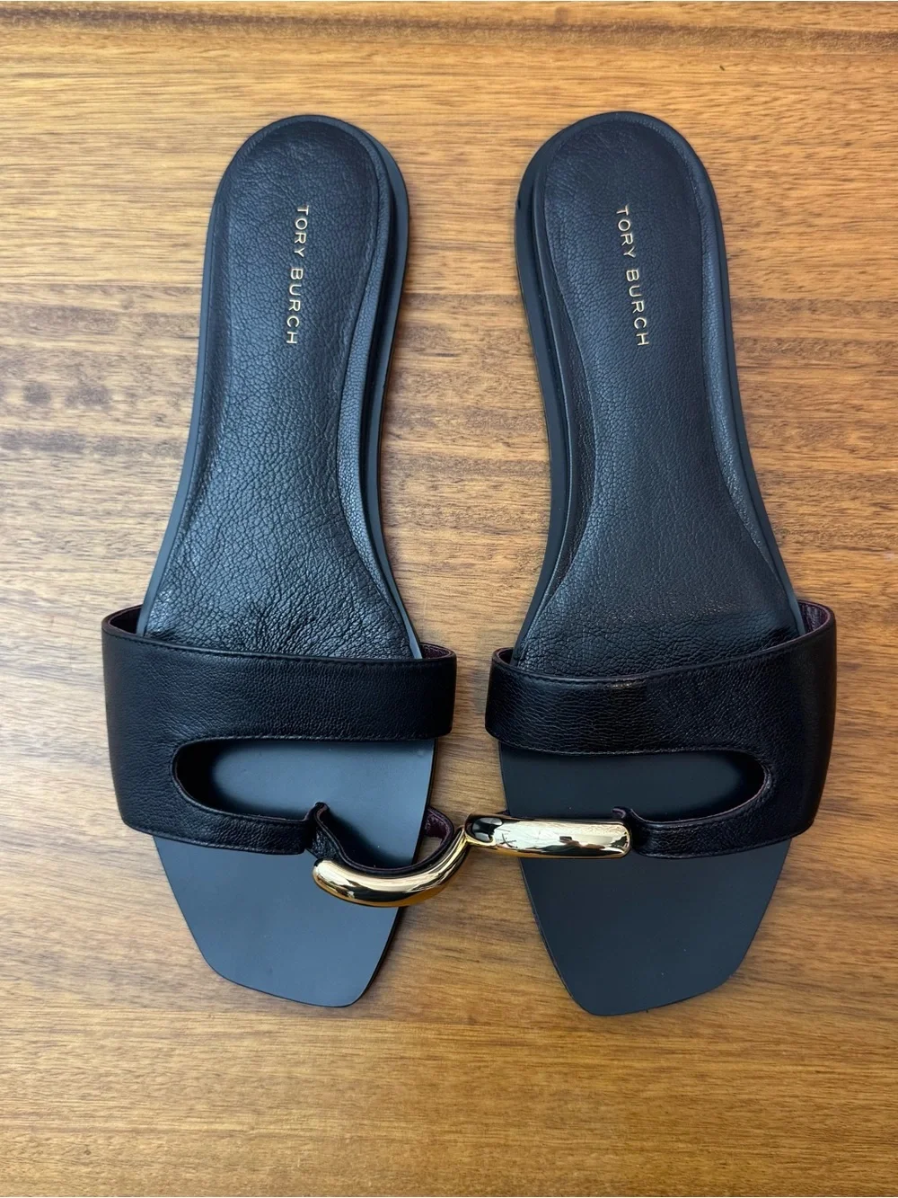 Tory Burch PIERCED SLIDE Black Leather  Sandals with Gold Accent Size 8 NWOT!!